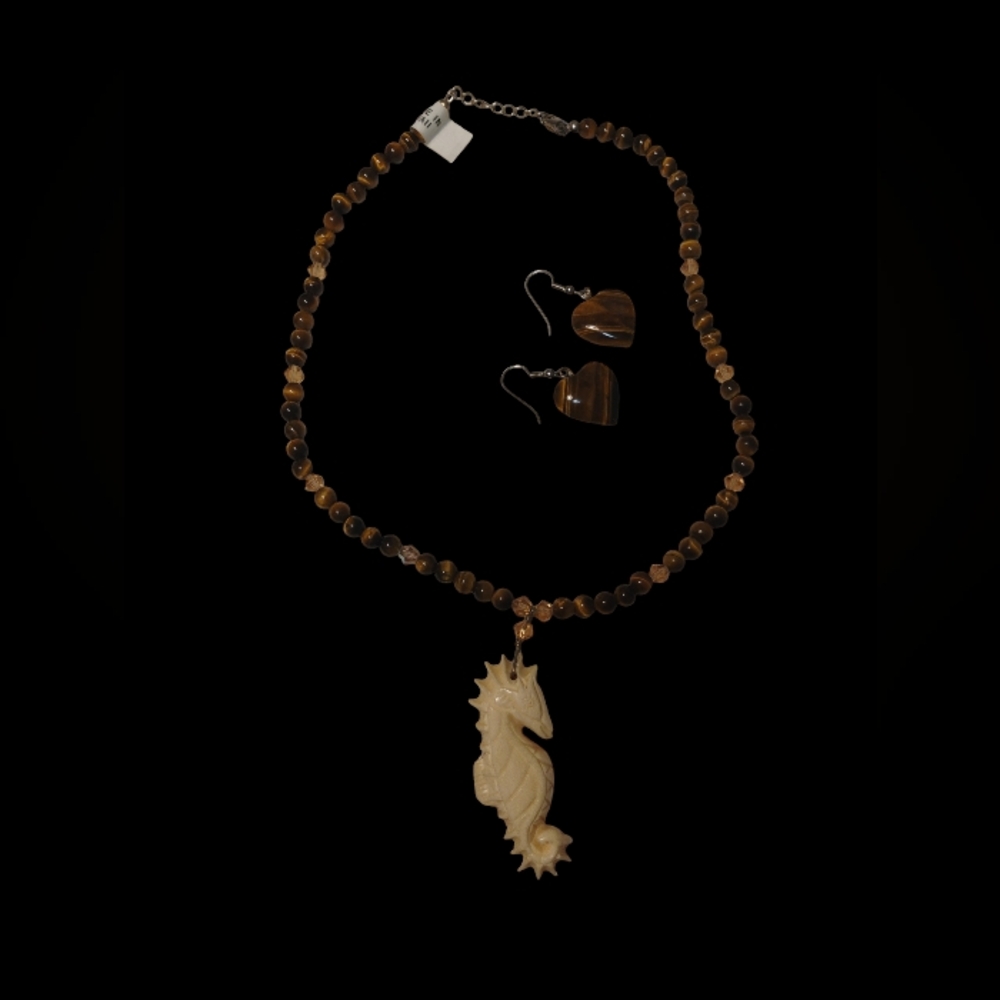 Set- Tiger's Eye Drop Earrings & Matching Necklace With Natural Carved Seahorse
